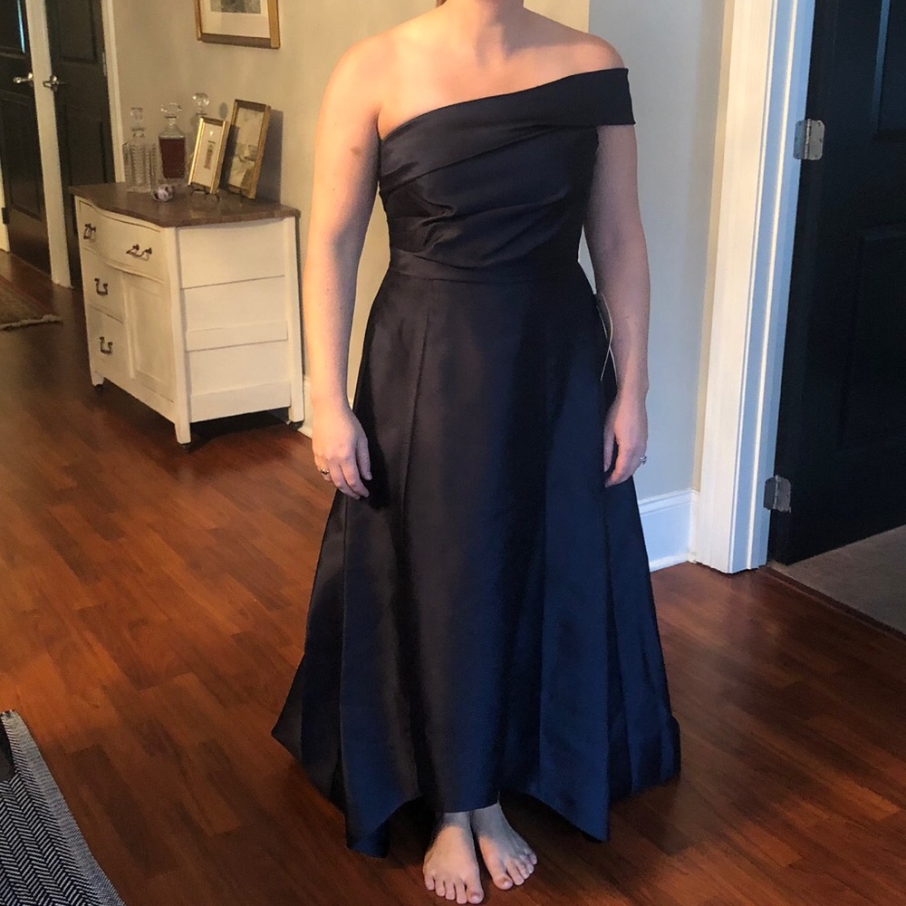 Adrianna Papell Navy One Shoulder High Low Dress